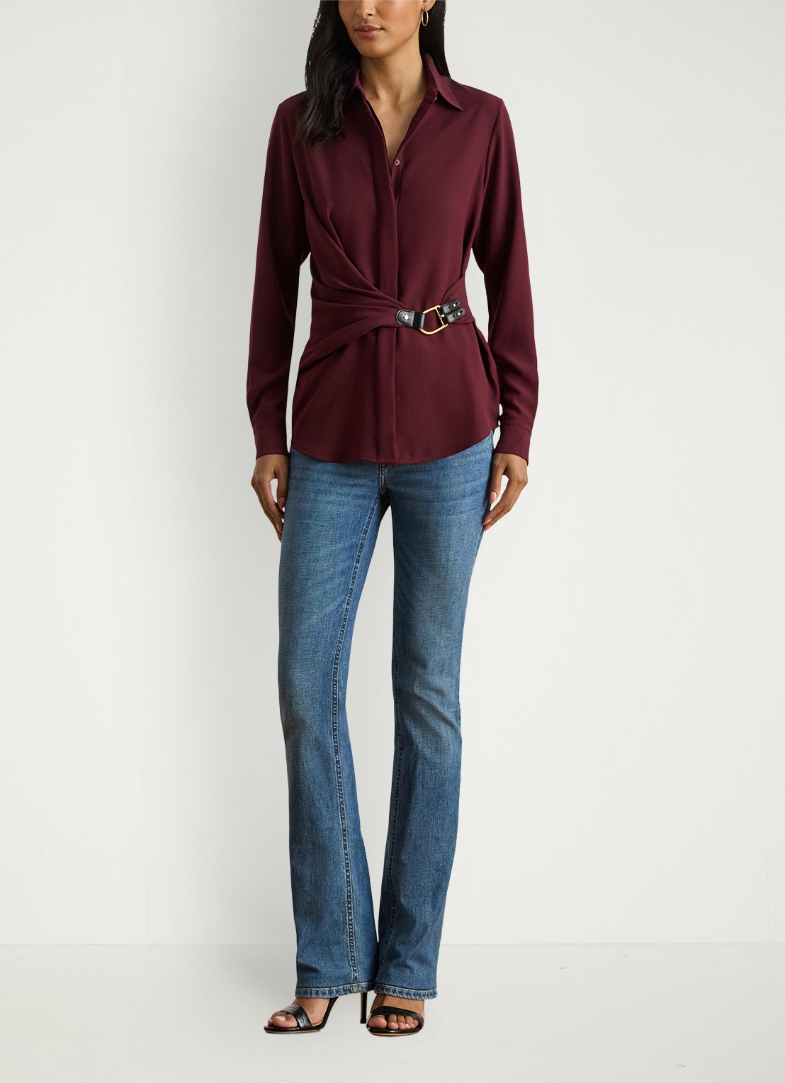 Ralph Lauren Georgette blouse met gespdetail - voorkant 3 dark garnet / bordeauxrood