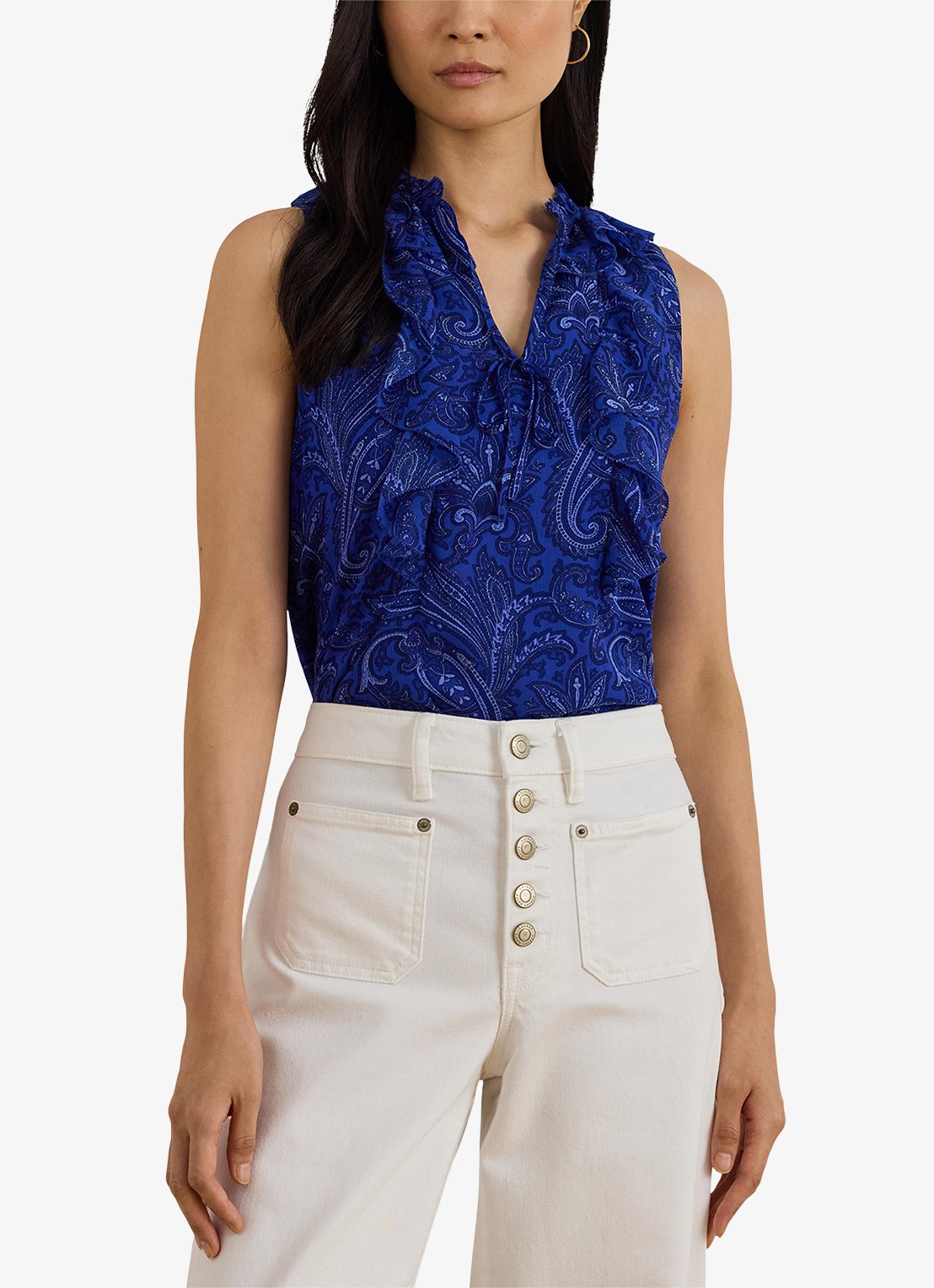 Ralph Lauren Georgette blouse met paisleyprint en ruches - detail kobaltblauw