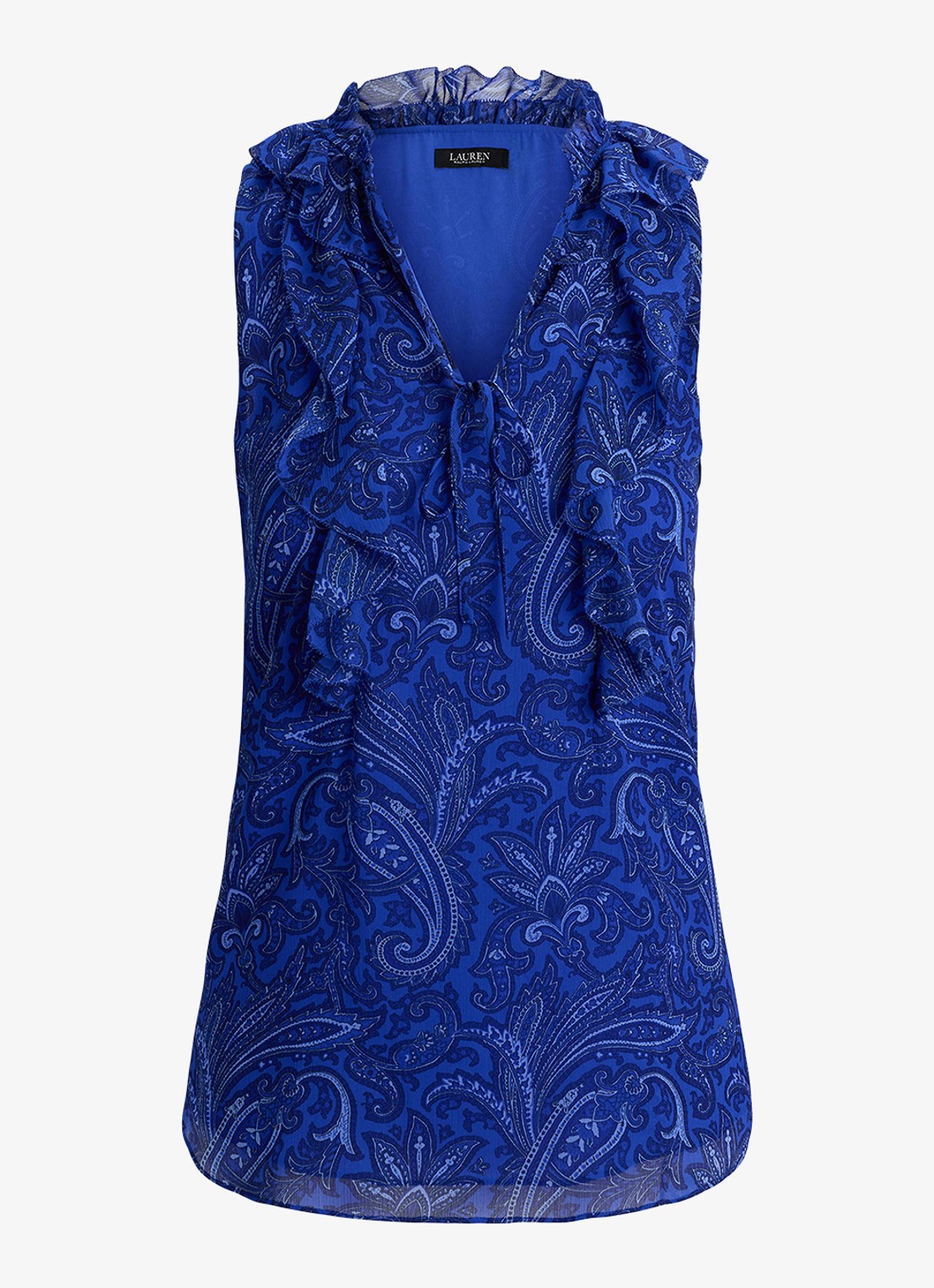 Ralph Lauren Georgette blouse met paisleyprint en ruches - voorkant 2 kobaltblauw