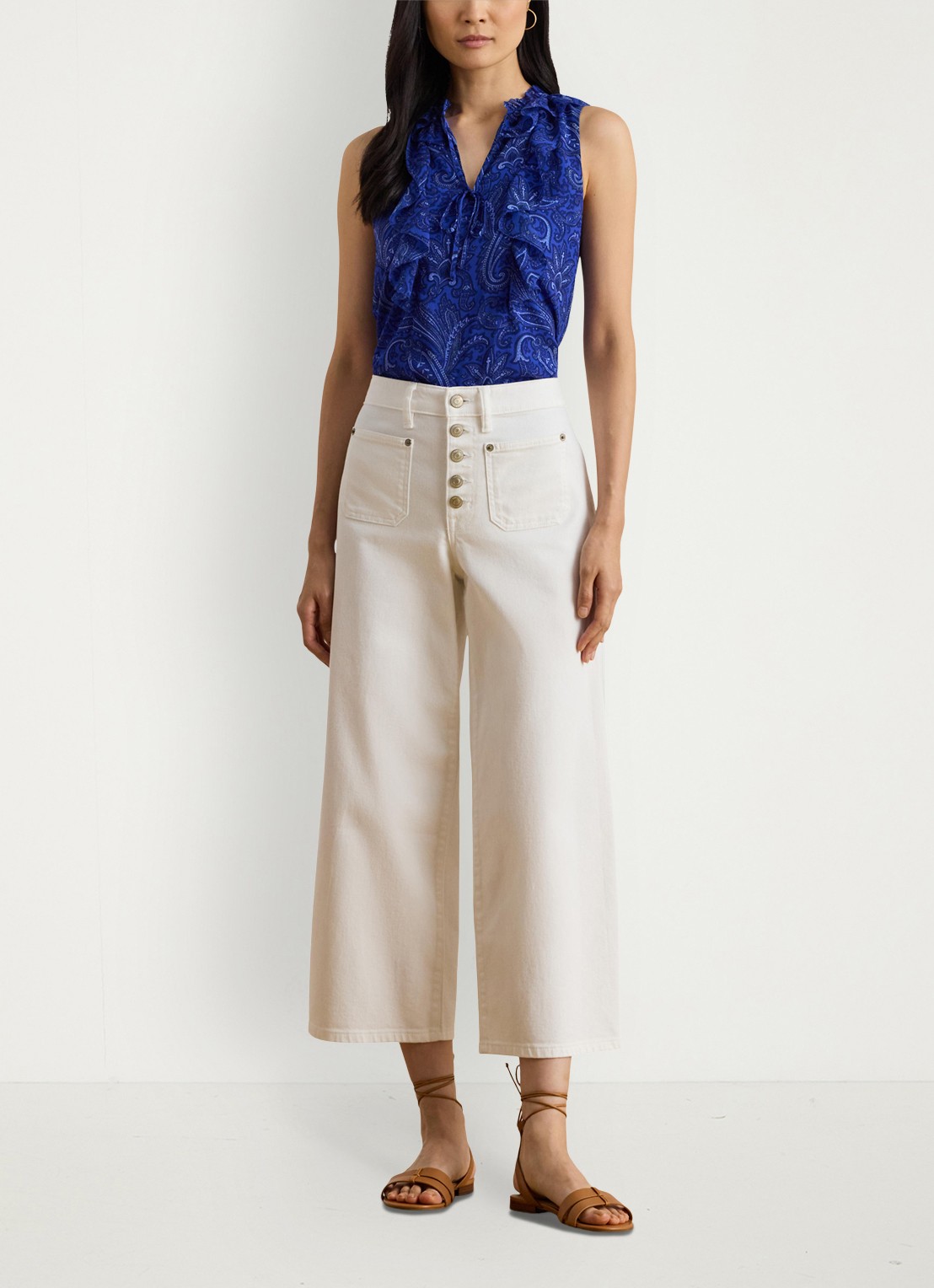 Ralph Lauren Georgette blouse met paisleyprint en ruches - voorkant 3 kobaltblauw