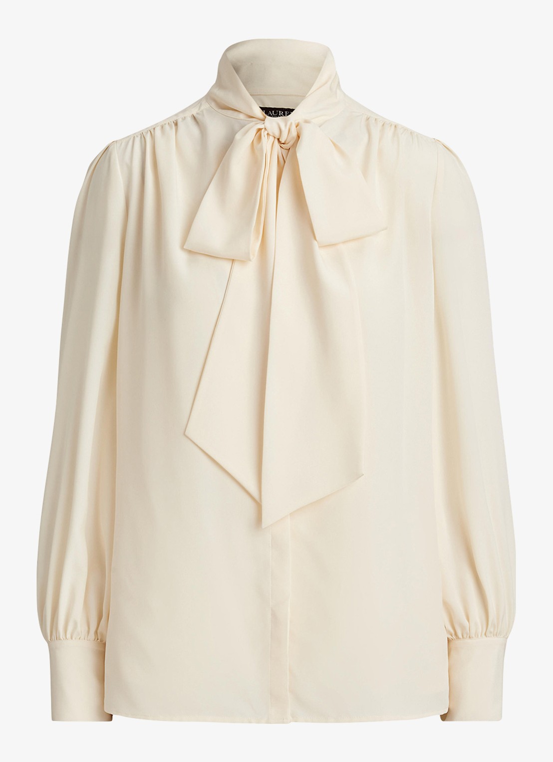 Ralph Lauren Georgette blouse met sjaalkraag en pofmouw - voorkant creme