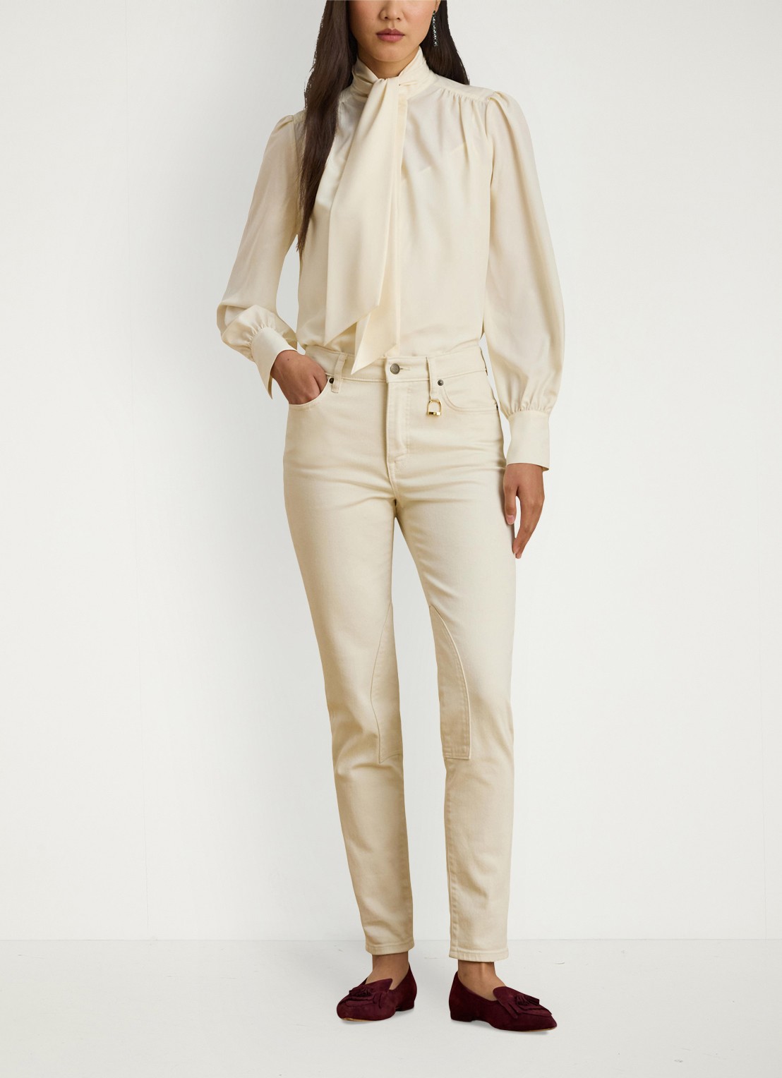 Ralph Lauren Georgette blouse met sjaalkraag en pofmouw - voorkant 2 creme