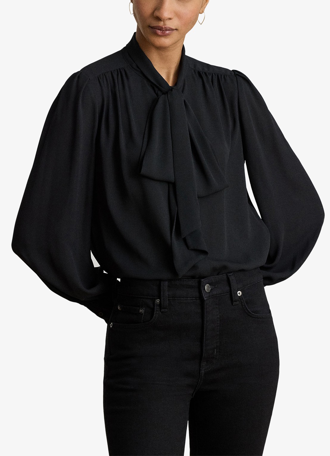Ralph Lauren Georgette blouse met sjaalkraag en pofmouw - detail 4 zwart