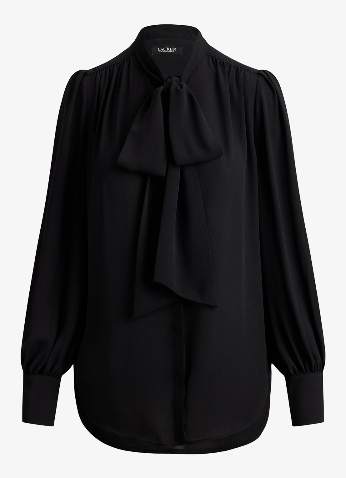 Ralph Lauren Georgette blouse met sjaalkraag en pofmouw - voorkant 2 zwart