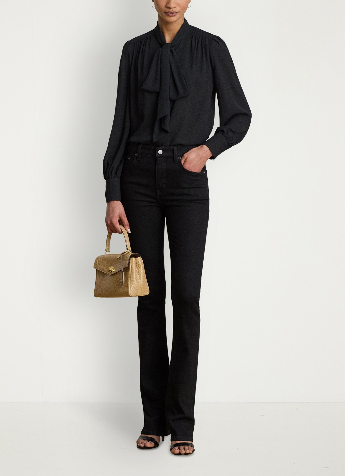 Ralph Lauren Georgette blouse met sjaalkraag en pofmouw - voorkant 3 zwart