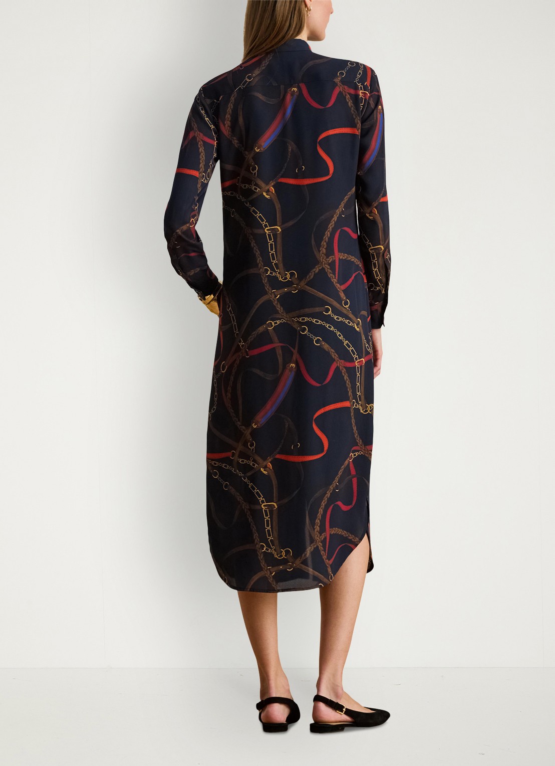 Ralph Lauren Georgette midi blousejurk met sjaalkraag en grafische print - achterkant 4 zwart