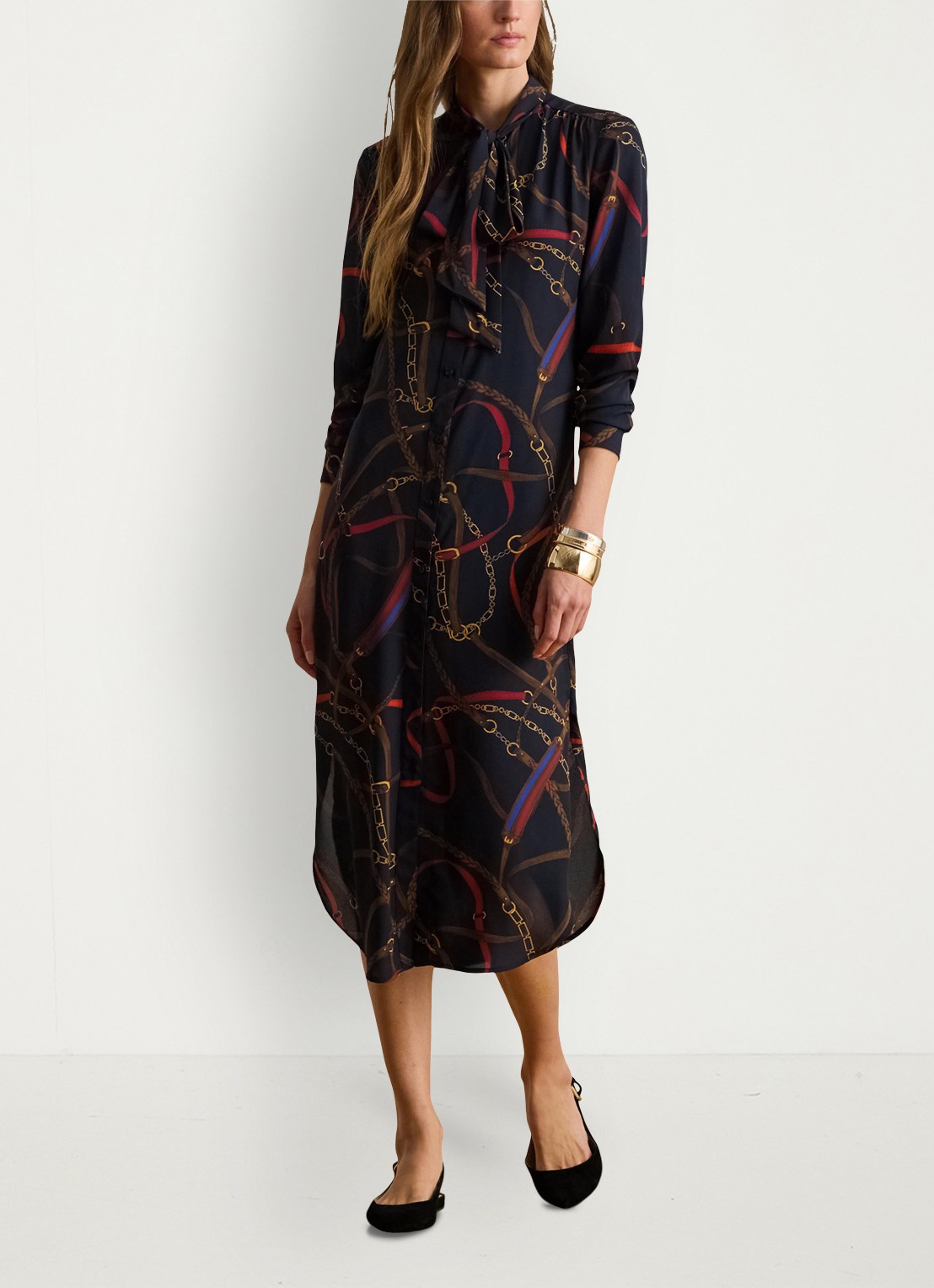 Ralph Lauren Georgette midi blousejurk met sjaalkraag en grafische print - detail 2 zwart