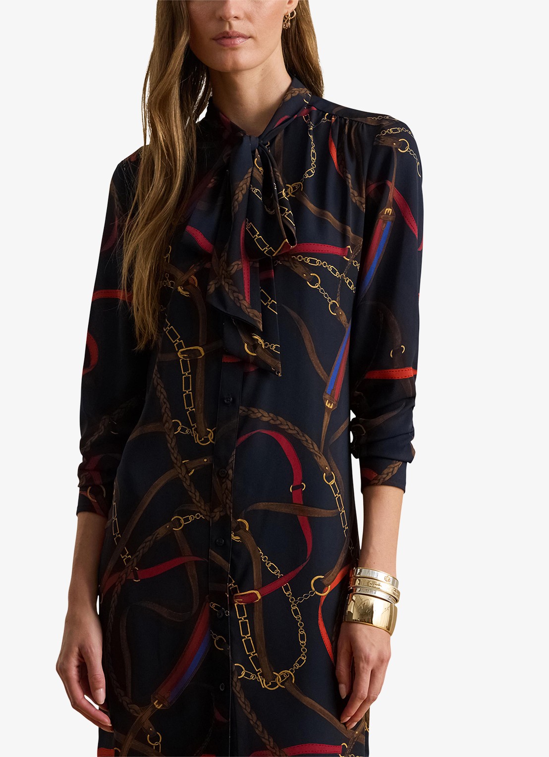 Ralph Lauren Georgette midi blousejurk met sjaalkraag en grafische print - detail 3 zwart