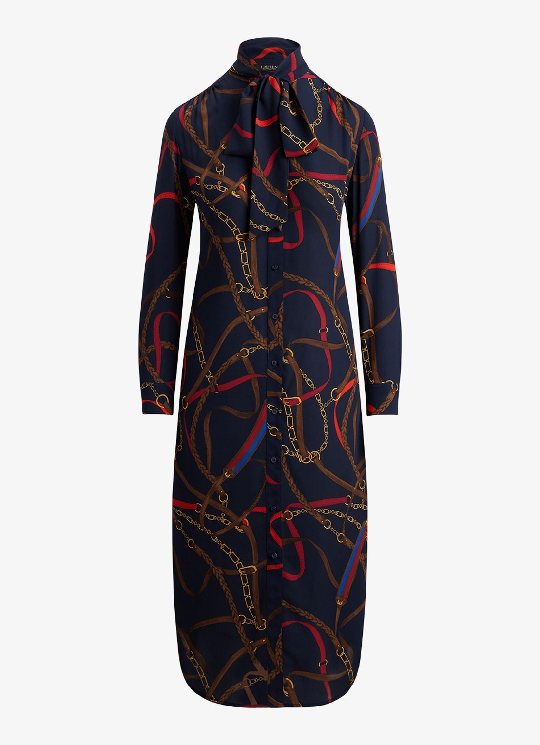 Ralph Lauren Georgette midi blousejurk met sjaalkraag en grafische print - voorkant zwart