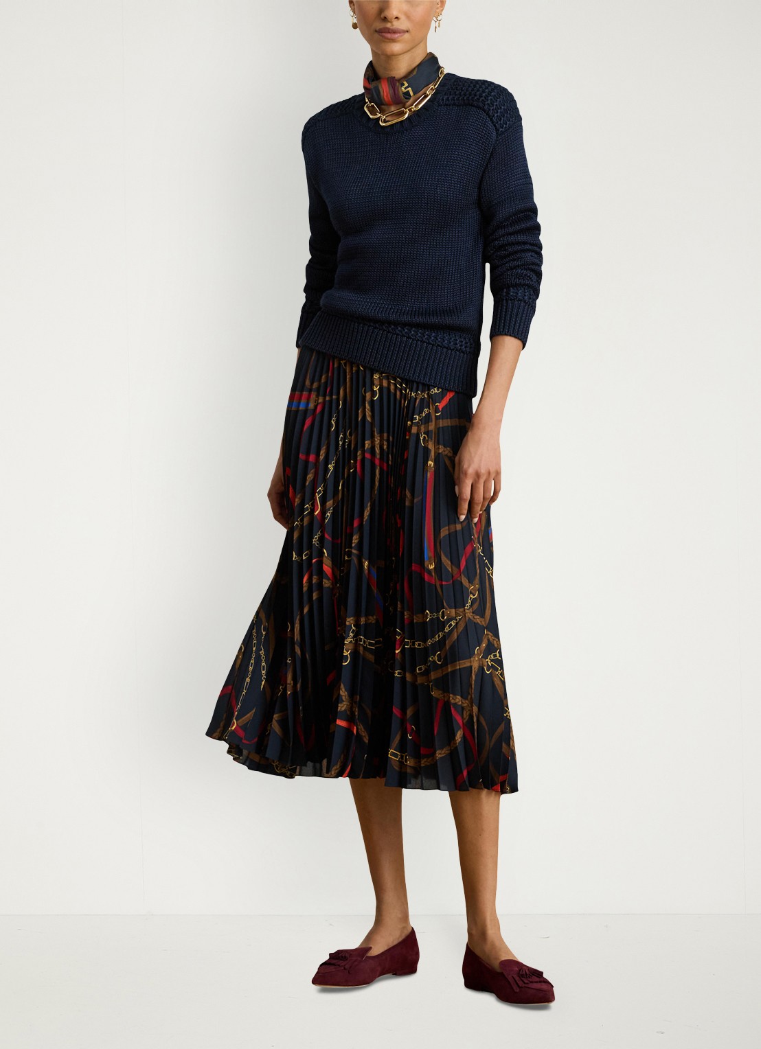 Ralph Lauren Georgette midi plooirok met grafische print - voorkant 2 zwart