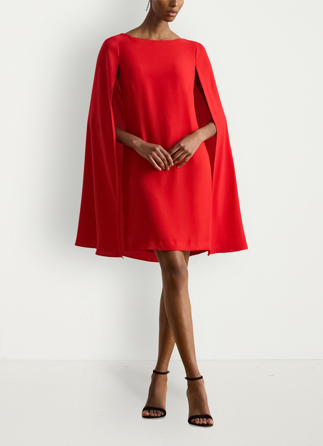 Ralph Lauren Georgette mini jurk met cape - voorkant 4 cruise red / rood