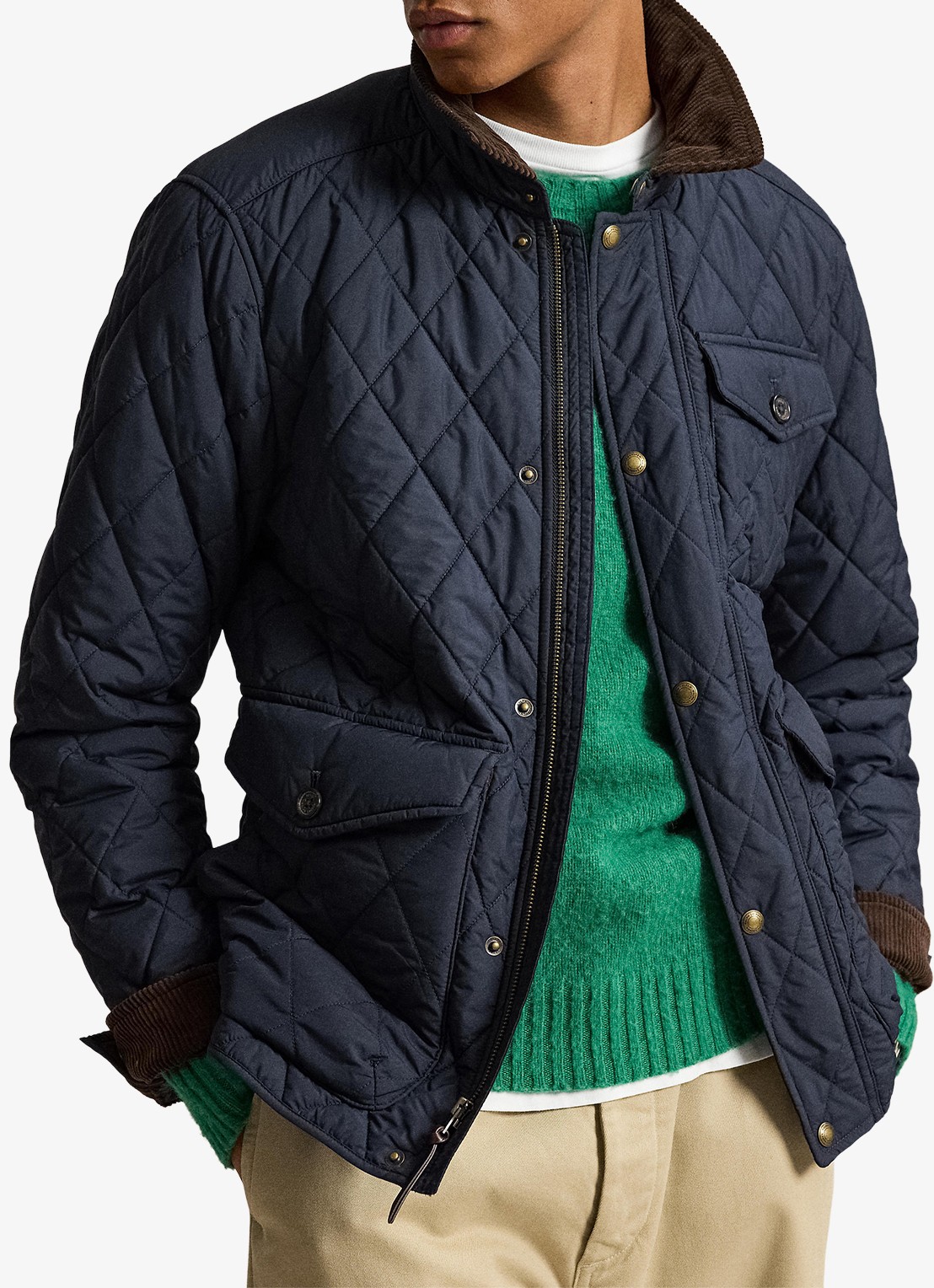 Ralph Lauren Gewatteerd jack met quilt patroon en corduroy kraag - voorkant 4 college navy fa22-3txn / donkerblauw