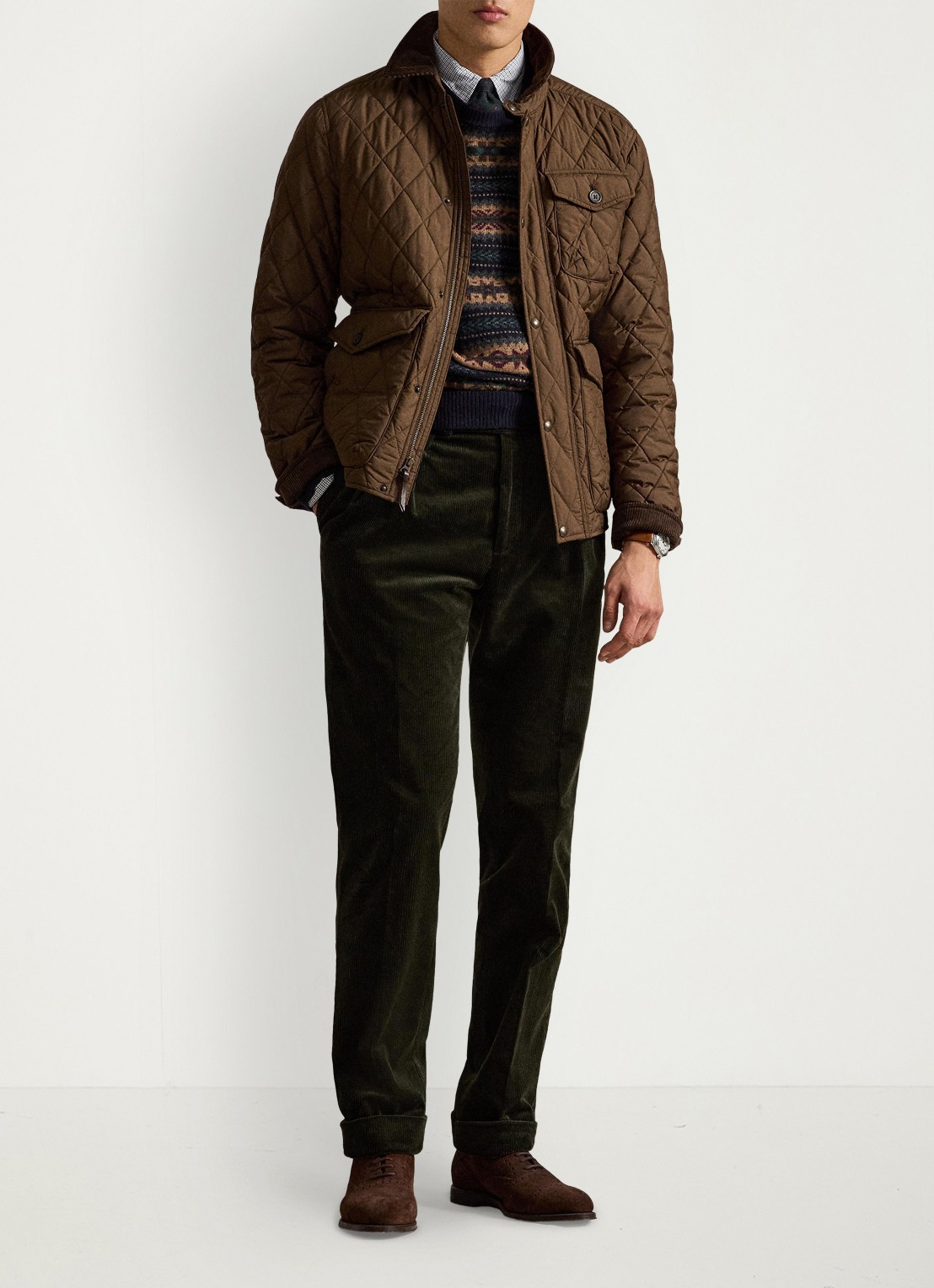Ralph Lauren Gewatteerd jack met quilt patroon en corduroy kraag - detail nutmeg brwn / bruin