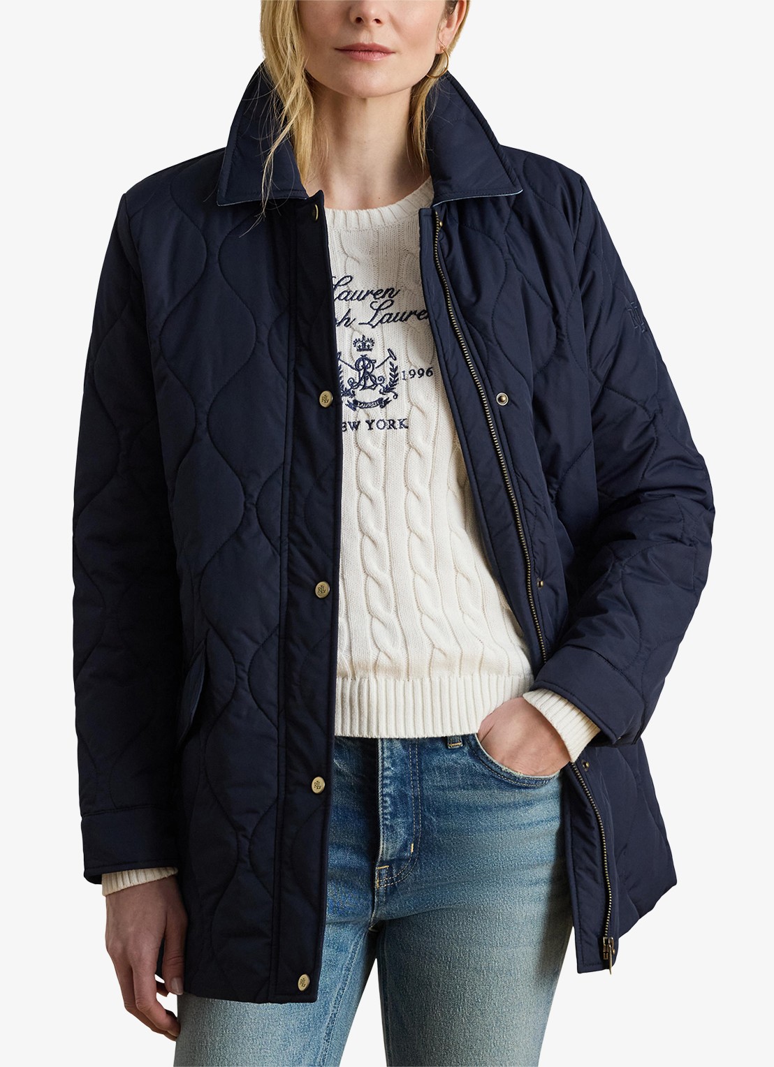 Ralph Lauren Gewatteerd jack met quilt patroon en klepzakken  - detail donkerblauw