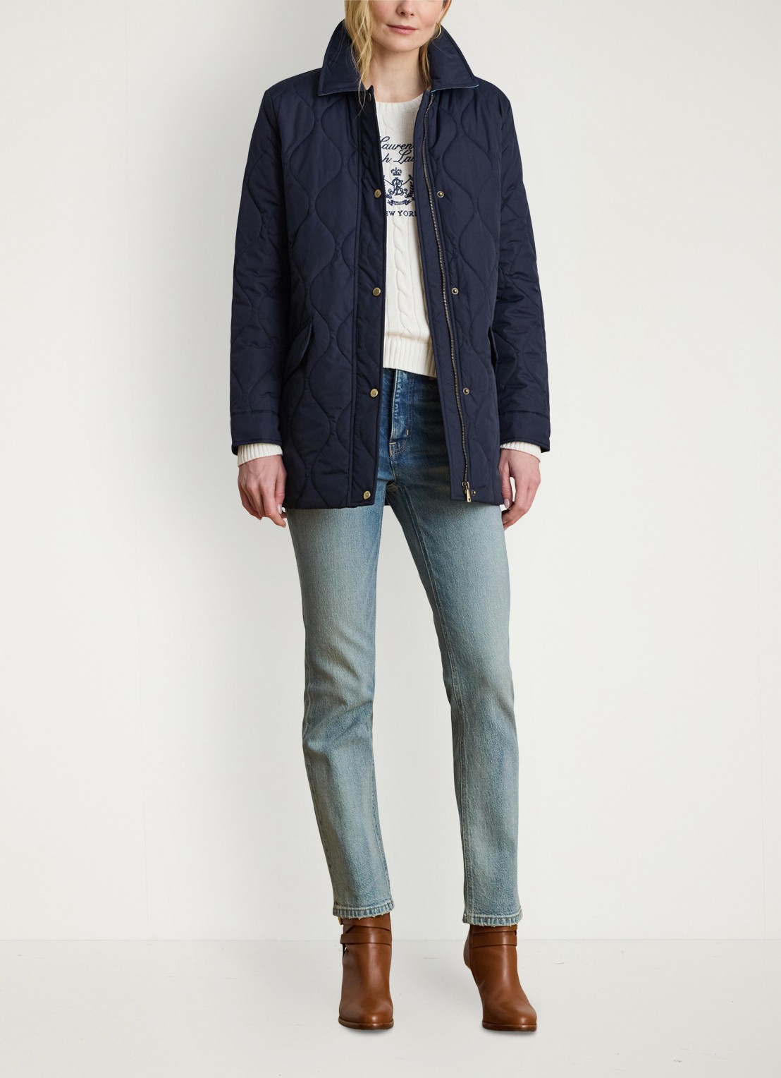 Ralph Lauren Gewatteerd jack met quilt patroon en klepzakken  - voorkant 4 donkerblauw