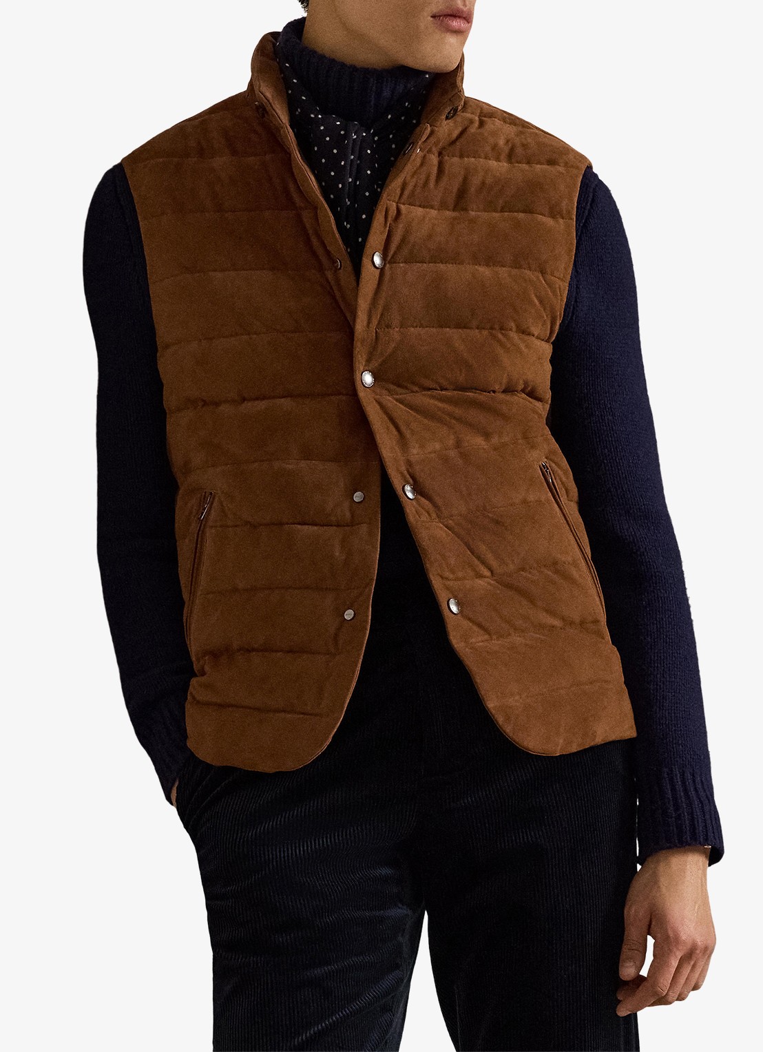 Ralph Lauren Gewatteerde bodywarmer van suède - voorkant 3 pale russet suede-39wf / bruin