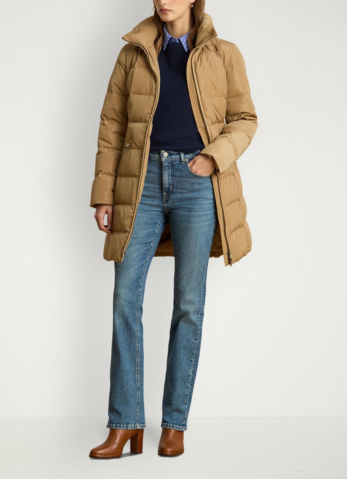 Ralph Lauren Gewatteerde jas met donsvulling en opstaande kraag - voorkant 5 camel