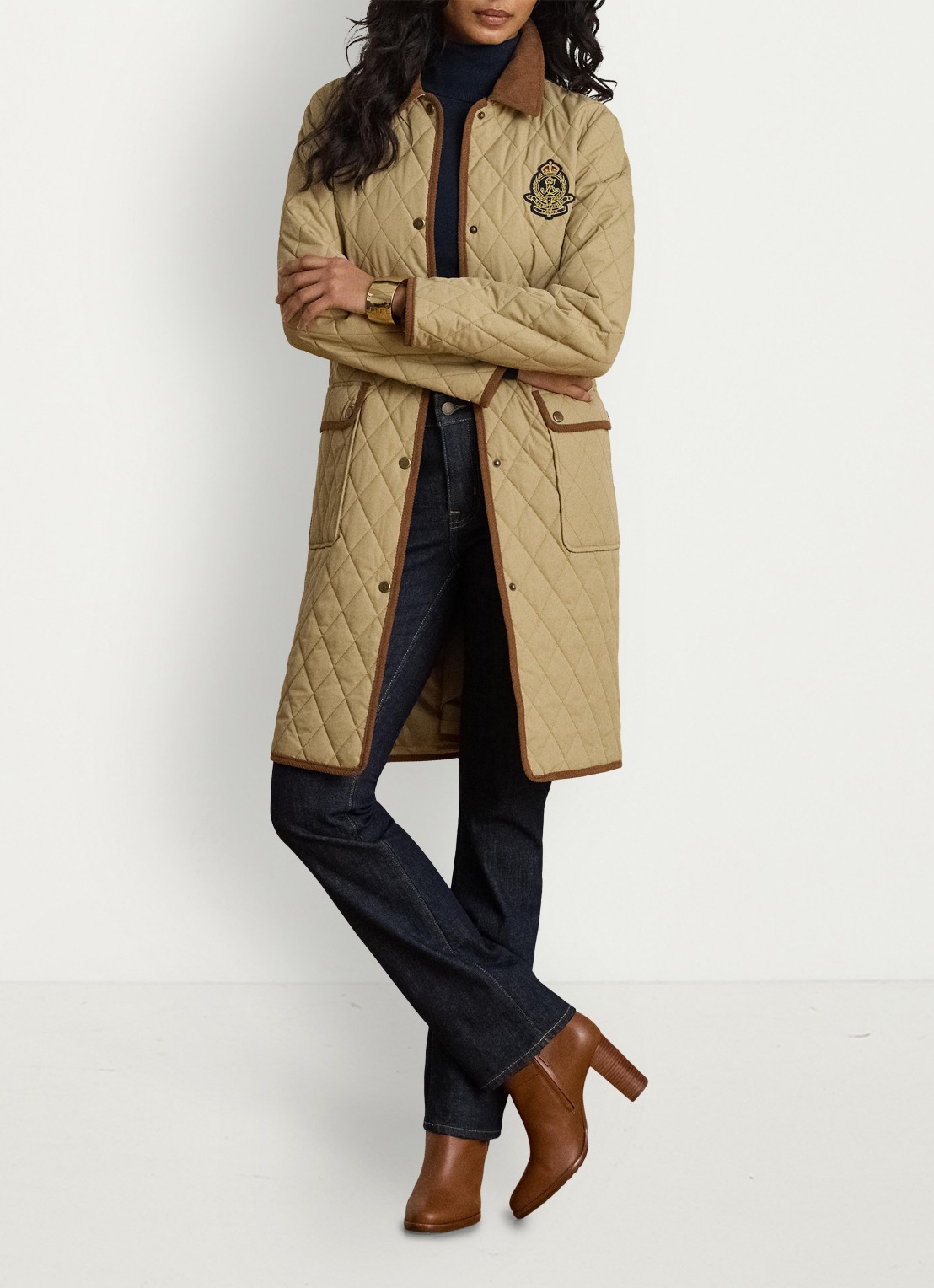 Ralph Lauren Gewatteerde jas met quilt patroon - voorkant 2 birch tan / beige