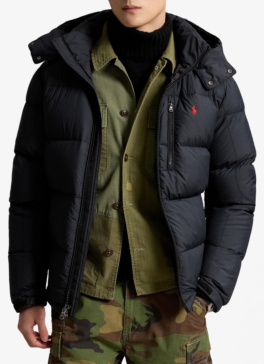 Ralph Lauren Gorham puffer jack met donsvulling en ritszakken - voorkant 5 polo black / zwart