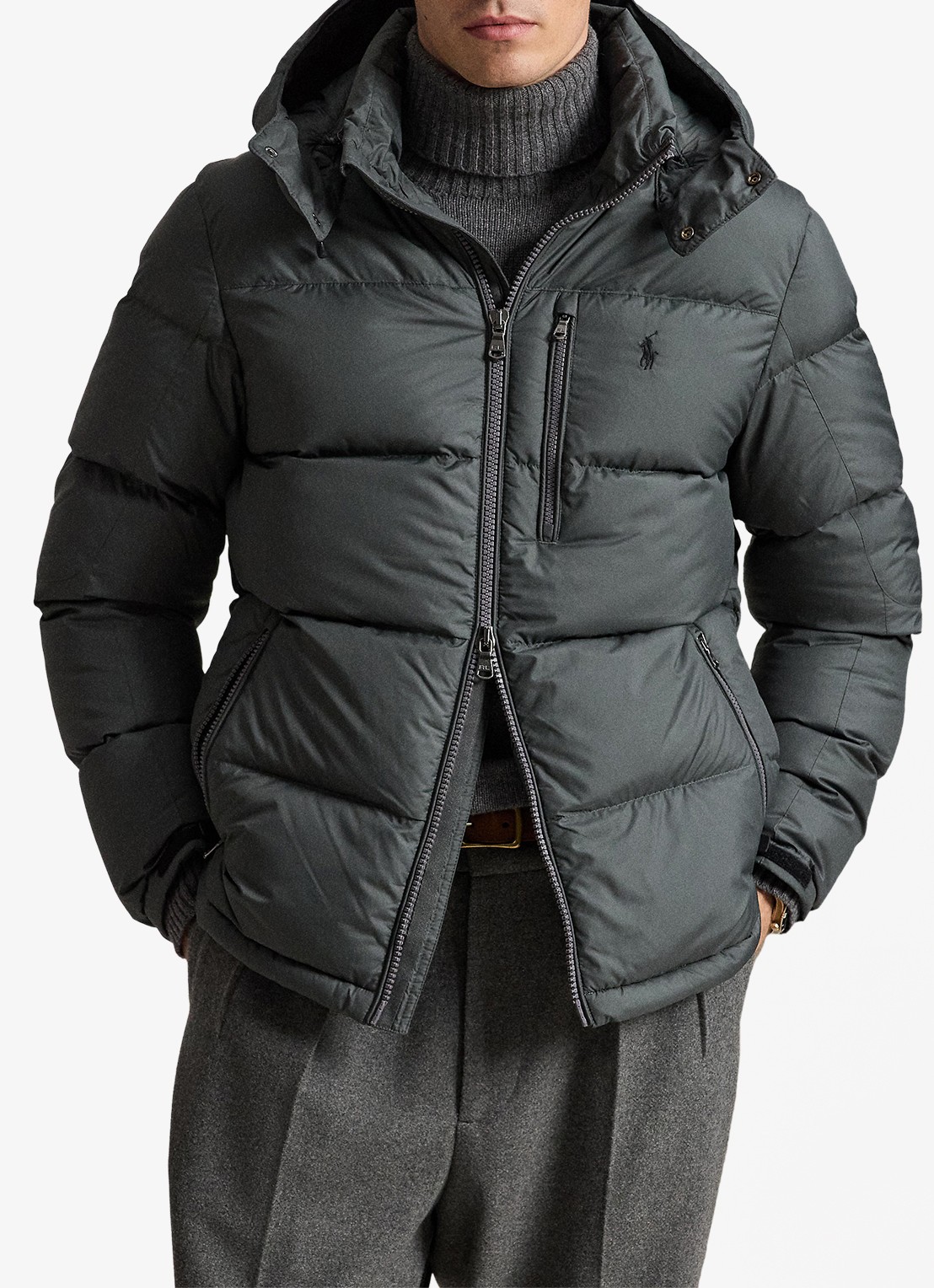 Ralph Lauren Gorham puffer jack met donsvulling en ritszakken - voorkant 2 charcoal grey / grijs