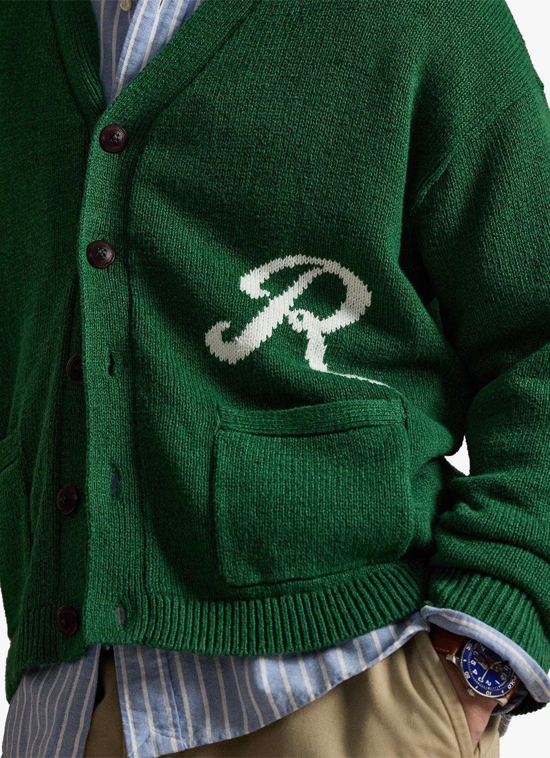 Ralph Lauren Grofgebreid vest in linnenblend met opstikzakken - detail 5 new forest-2z8d