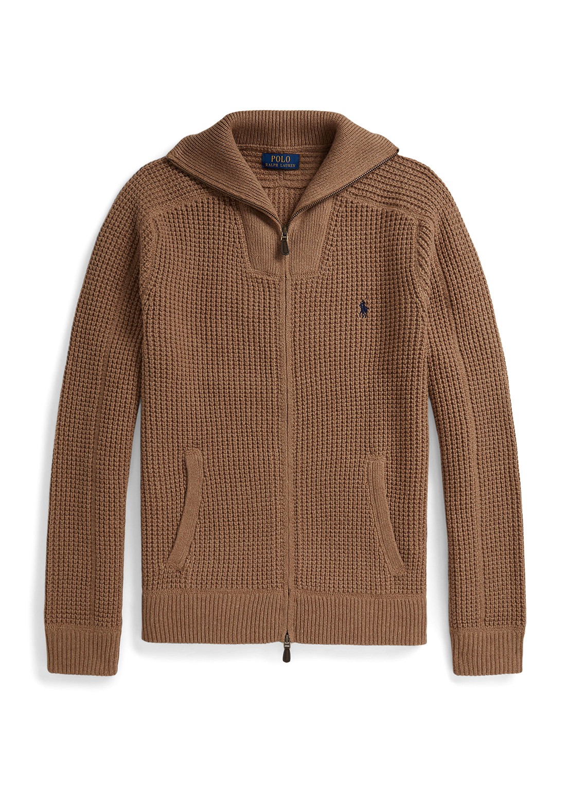 Ralph Lauren Grofgebreid vest in wolblend met logoborduring - voorkant 4 brown sugar melange / bruin
