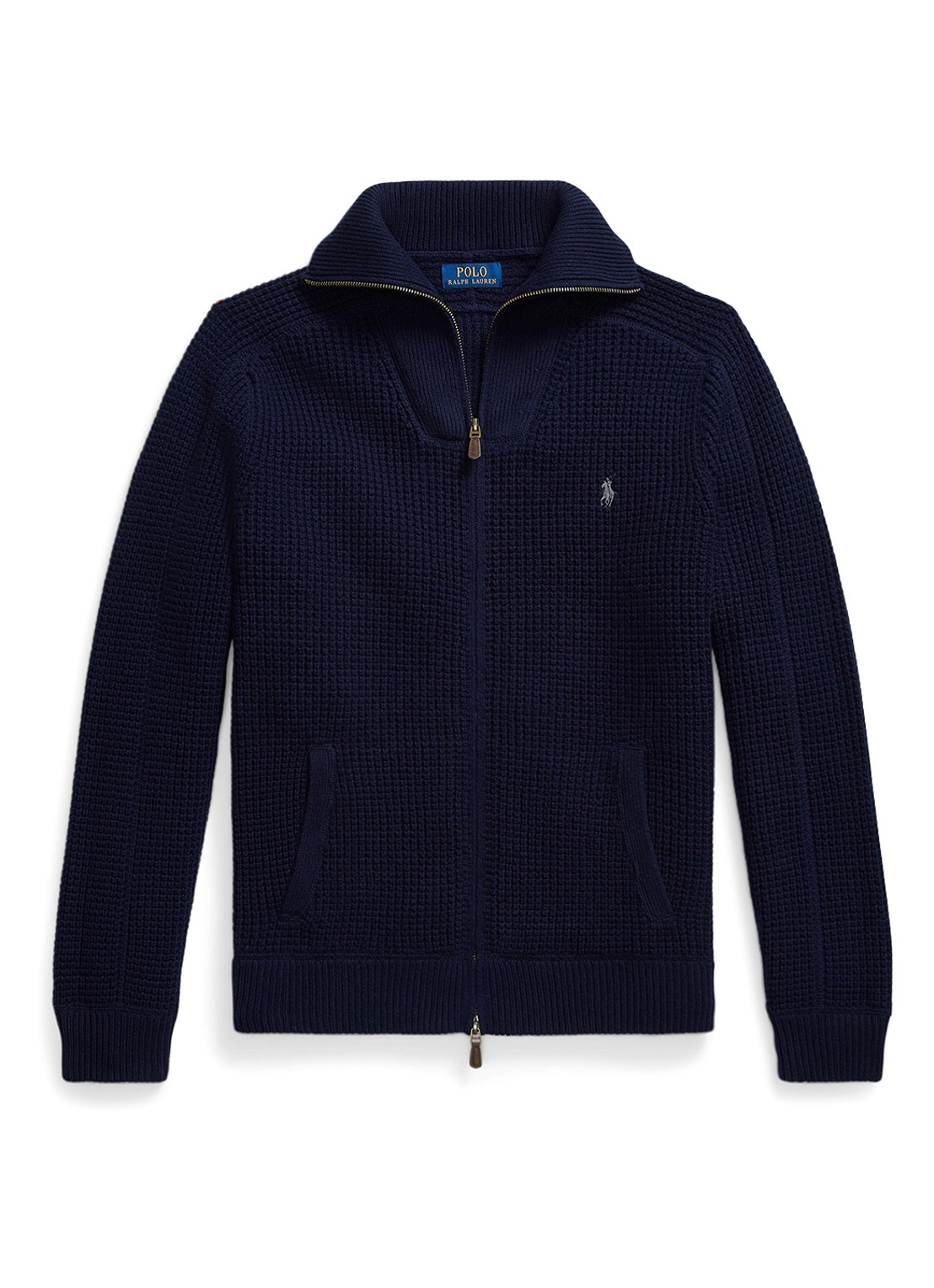 Ralph Lauren Grofgebreid vest in wolblend met logoborduring - voorkant donkerblauw