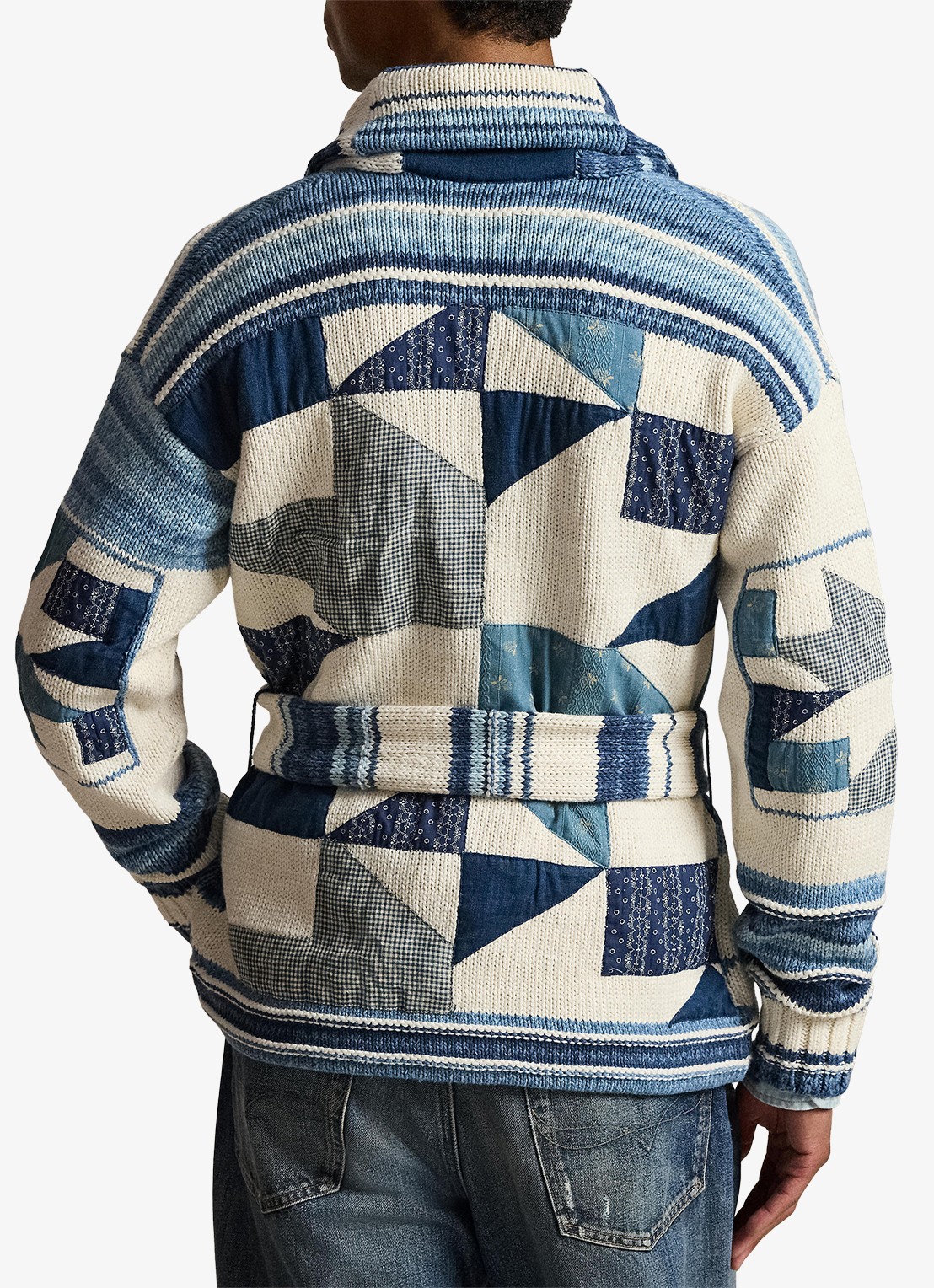 Ralph Lauren Grofgebreid vest met ingebreid patroon en strikceintuur - achterkant cream blue combo / blauw