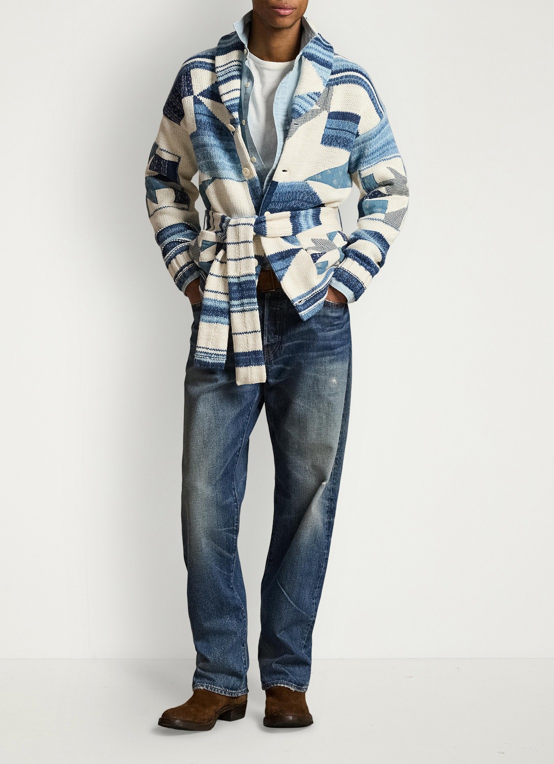 Ralph Lauren Grofgebreid vest met ingebreid patroon en strikceintuur - detail 2 cream blue combo / blauw