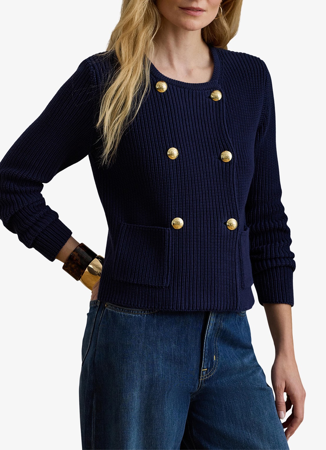 Ralph Lauren Grofgebreid vest met paspelzakken - detail 3 refined navy / donkerblauw