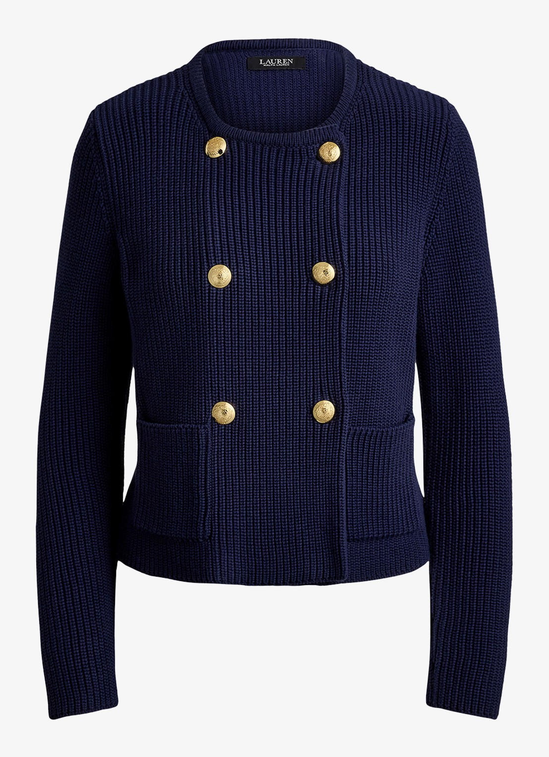 Ralph Lauren Grofgebreid vest met paspelzakken - voorkant refined navy / donkerblauw
