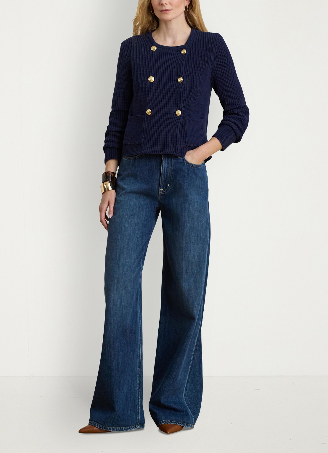 Ralph Lauren Grofgebreid vest met paspelzakken - voorkant 2 refined navy / donkerblauw