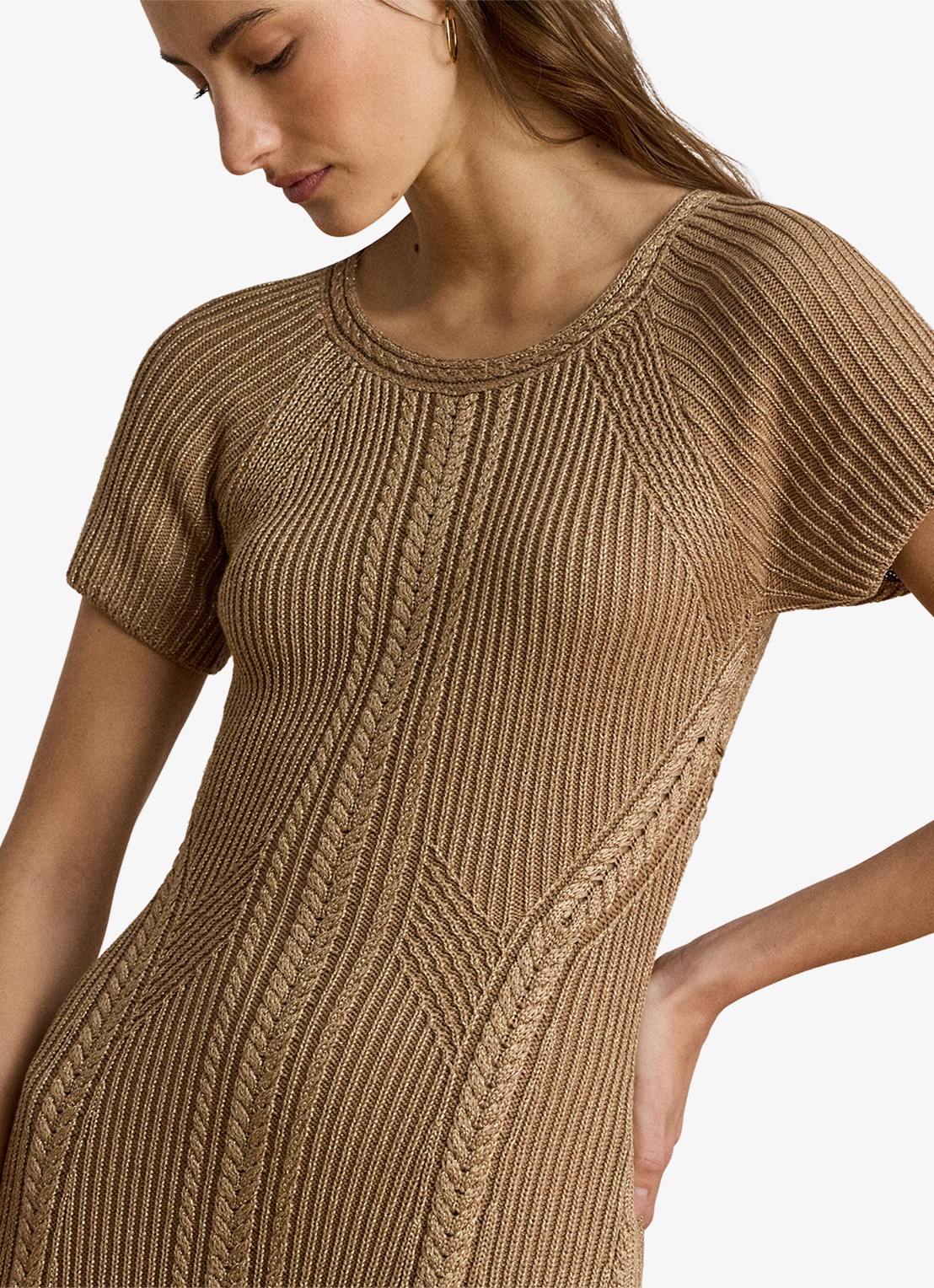 Ralph Lauren Grofgebreide midi jurk met lurex - detail 3 lauren gold metallic / beige