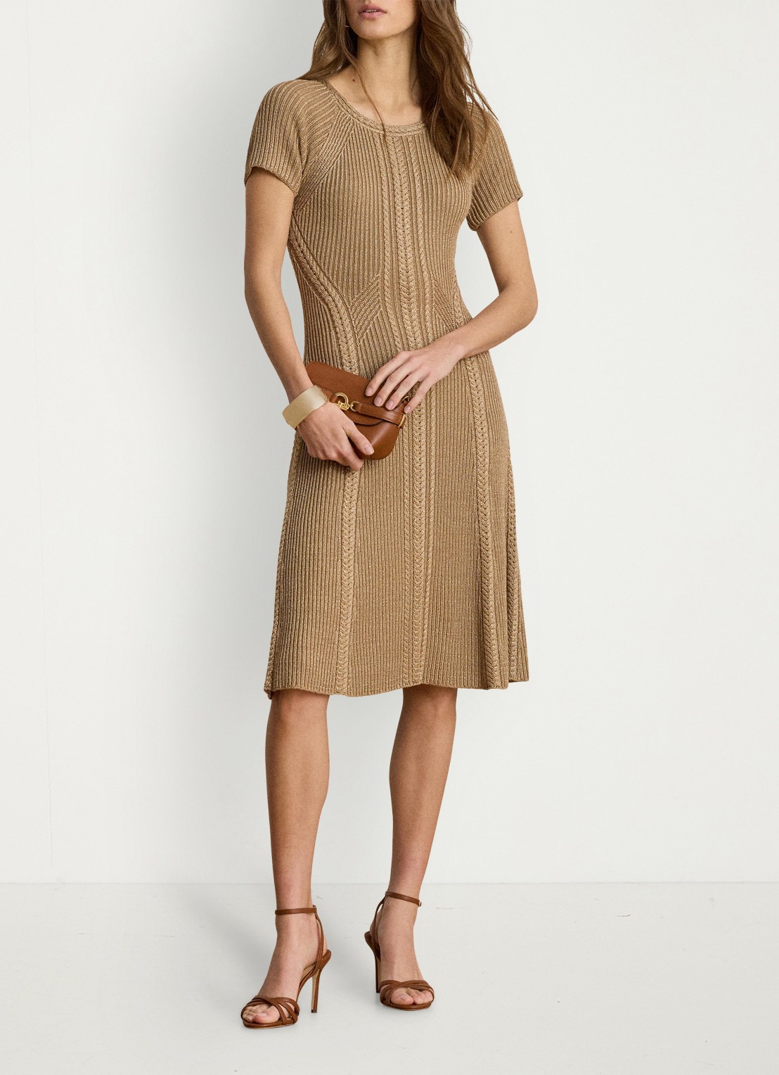 Ralph Lauren Grofgebreide midi jurk met lurex - voorkant 2 lauren gold metallic / beige