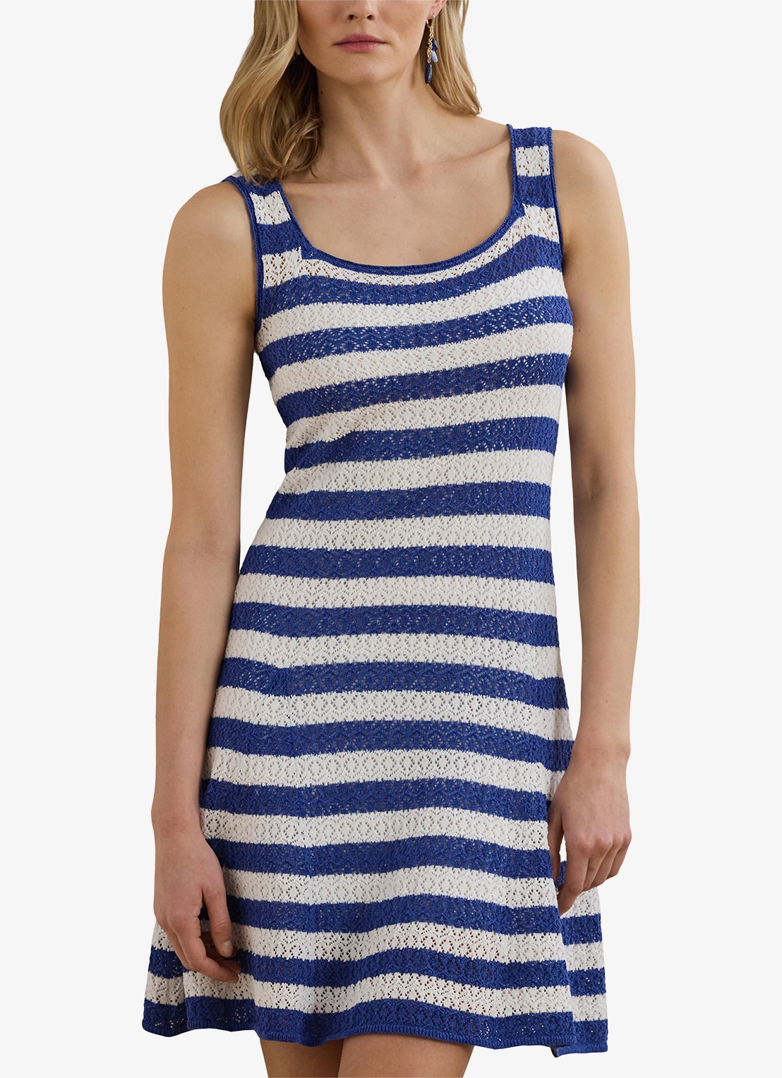 Ralph Lauren Grofgebreide mini jurk met streepprint - detail blauw