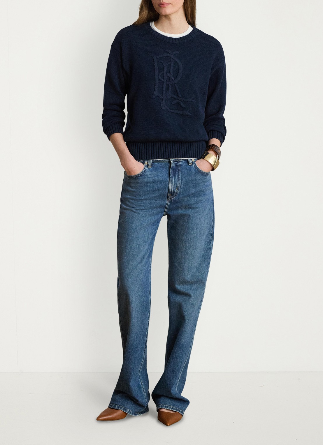 Ralph Lauren Grofgebreide pullover met logoborduring - voorkant 3 lauren navy / blauw