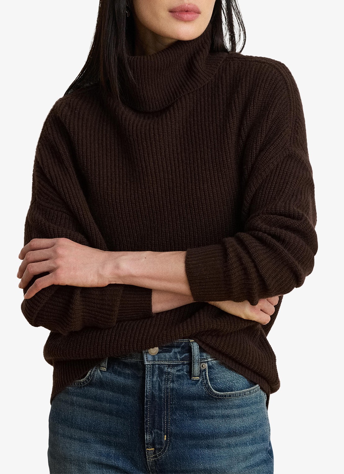 Ralph Lauren Grofgebreide trui in kasjmierblend met col - voorkant 3 circuit brown / bruin