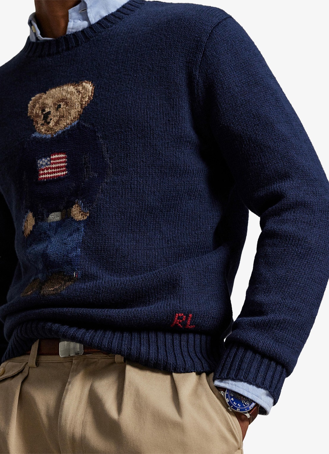 Ralph Lauren Grofgebreide trui in linnenblend met ingebreid logo - detail 2 bear navy / donkerblauw