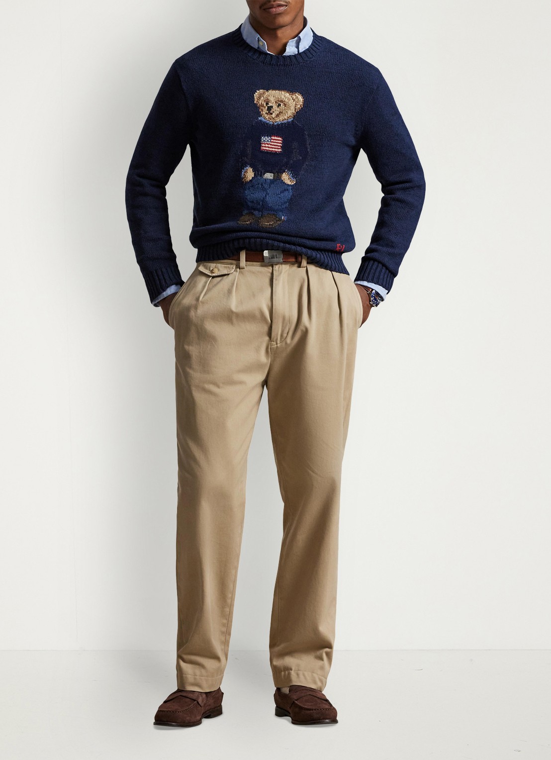 Ralph Lauren Grofgebreide trui in linnenblend met ingebreid logo - voorkant 5 bear navy / donkerblauw