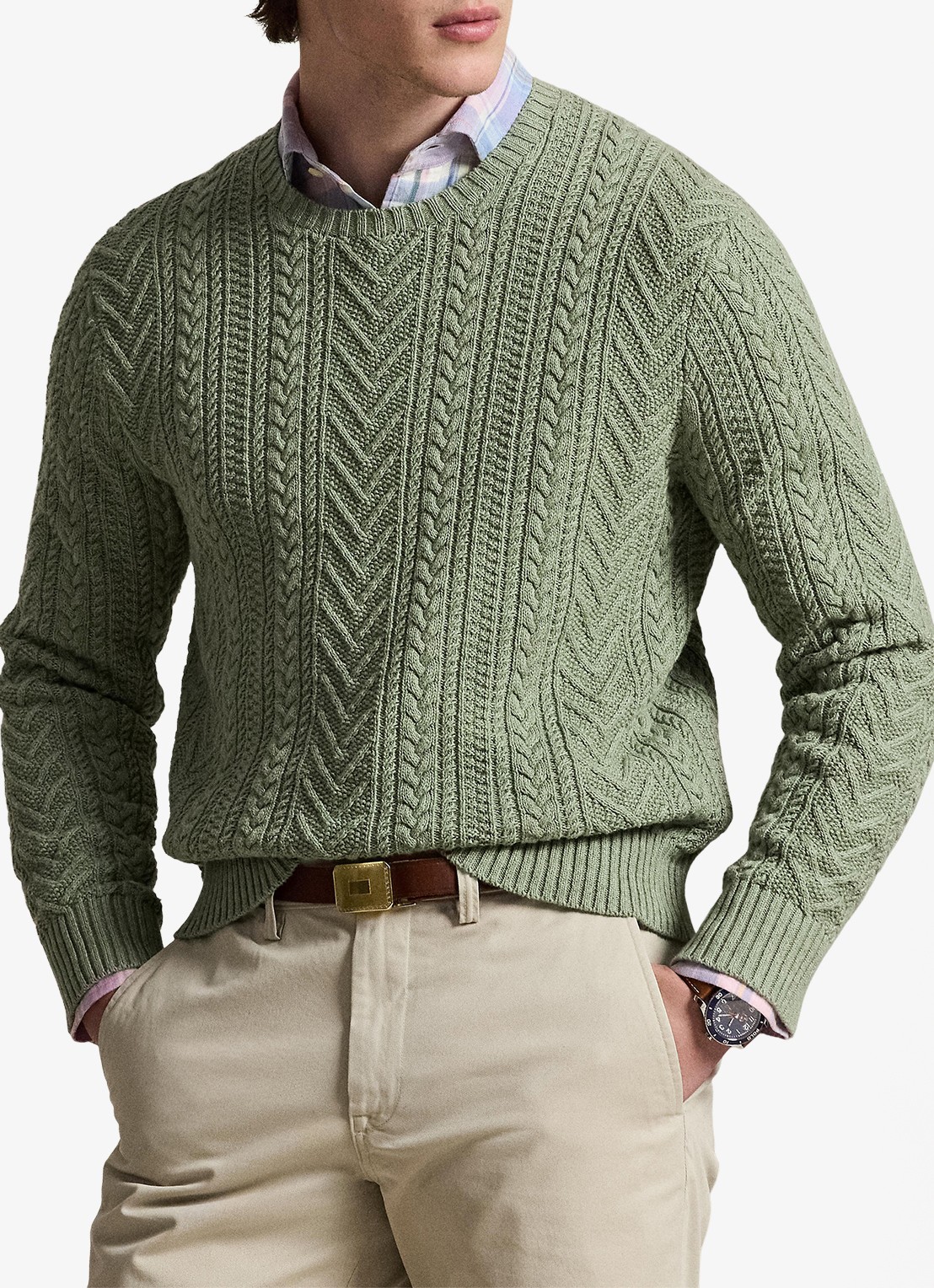 Ralph Lauren Grofgebreide trui in linnenblend - detail 4 fern green combo / mosgroen