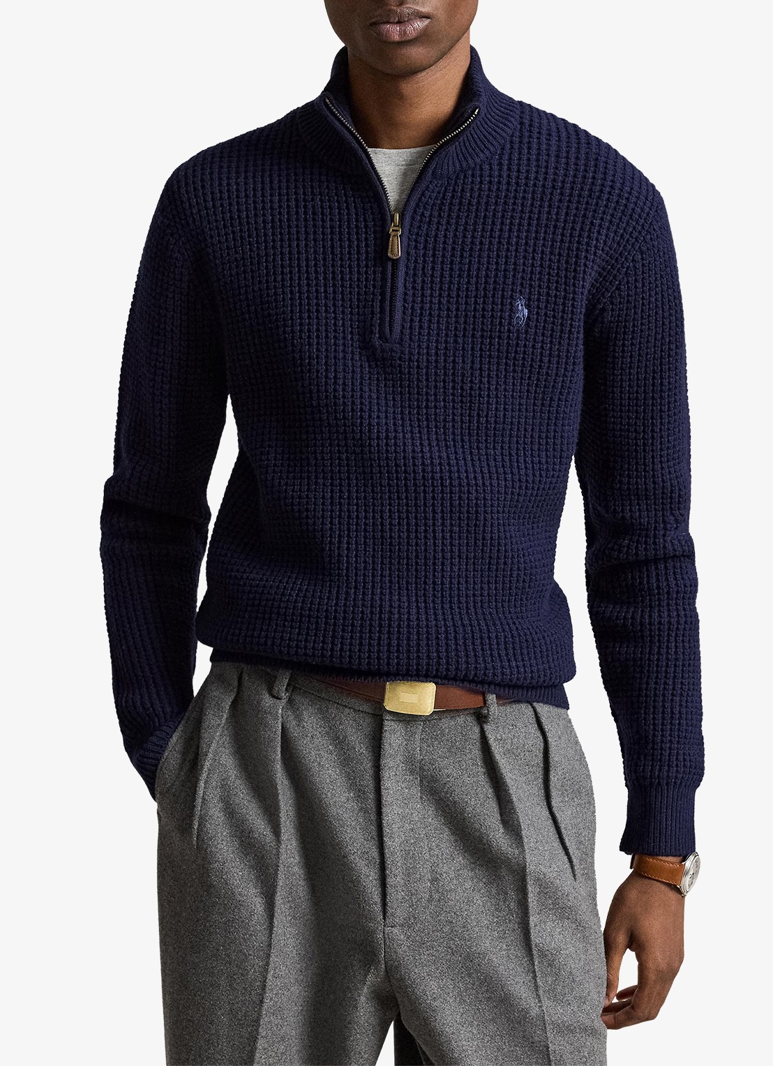 Ralph Lauren Grofgebreide trui in wolblend met halve rits - voorkant 5 hunter navy / donkerblauw