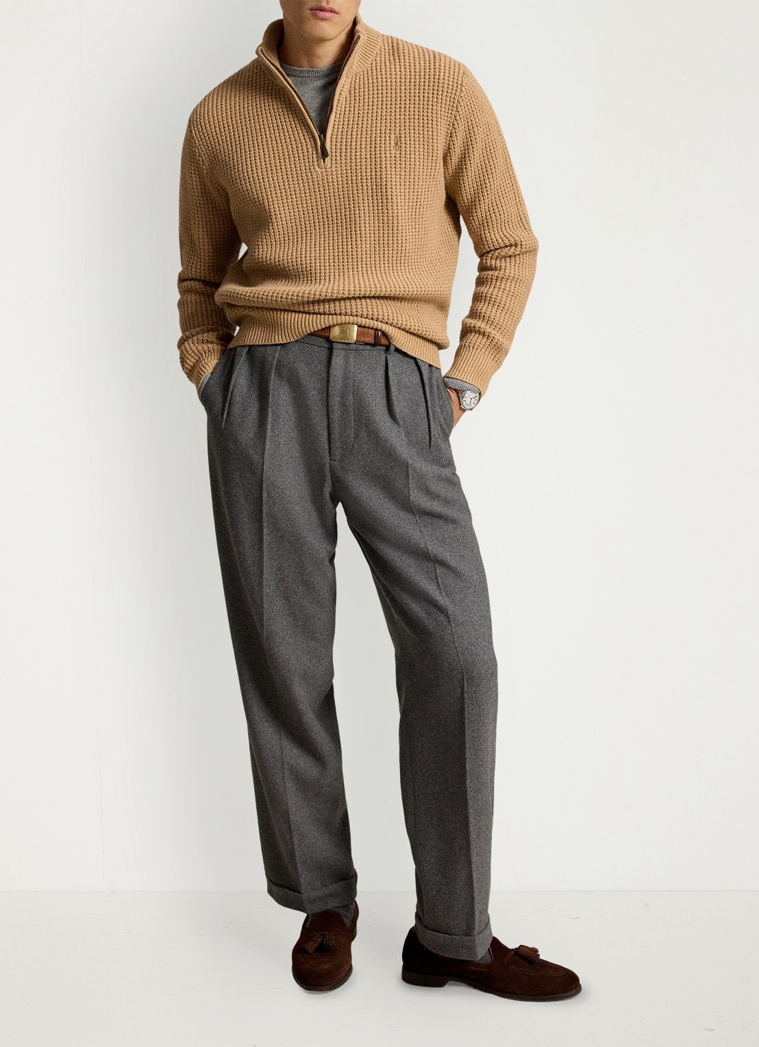Ralph Lauren Grofgebreide trui in wolblend met halve rits - detail new camel melange-22rw / beige