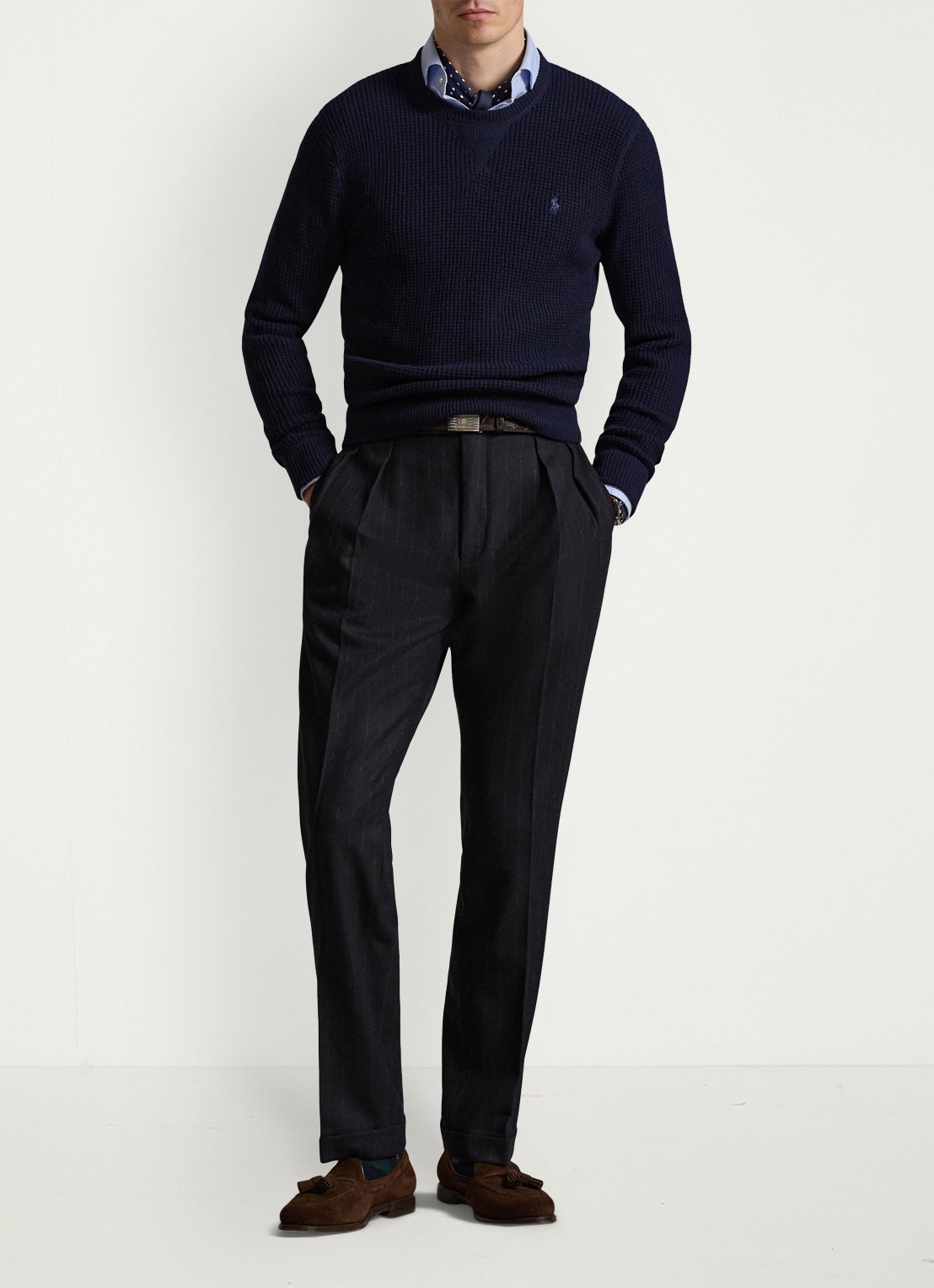 Ralph Lauren Grofgebreide trui in wolblend met logoborduring - voorkant 3 hunter navy / donkerblauw