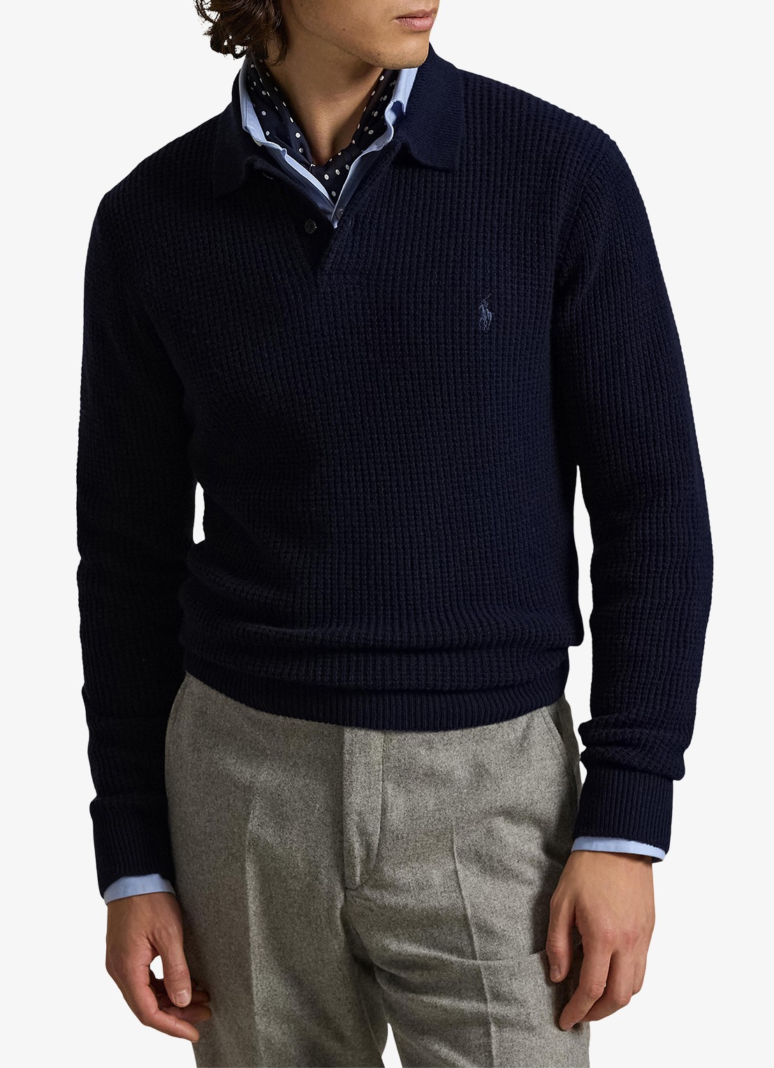 Ralph Lauren Grofgebreide trui in wolblend met polokraag - detail 2 donkerblauw
