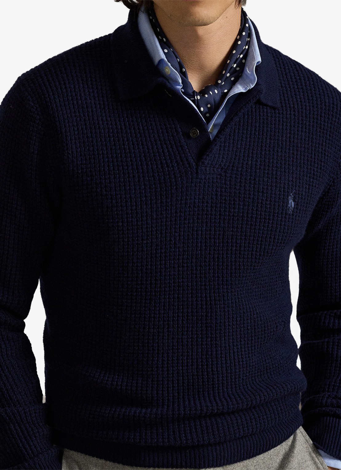Ralph Lauren Grofgebreide trui in wolblend met polokraag - detail 3 donkerblauw