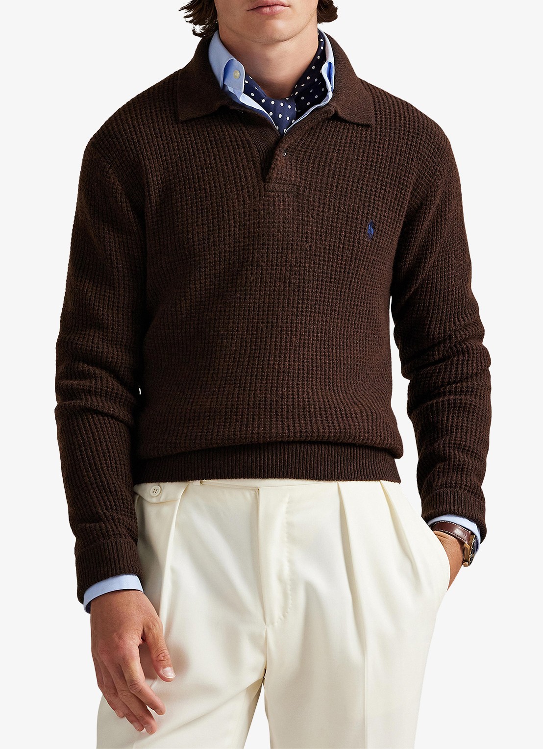 Ralph Lauren Grofgebreide trui in wolblend met polokraag - detail cocao brown heather / donkerbruin
