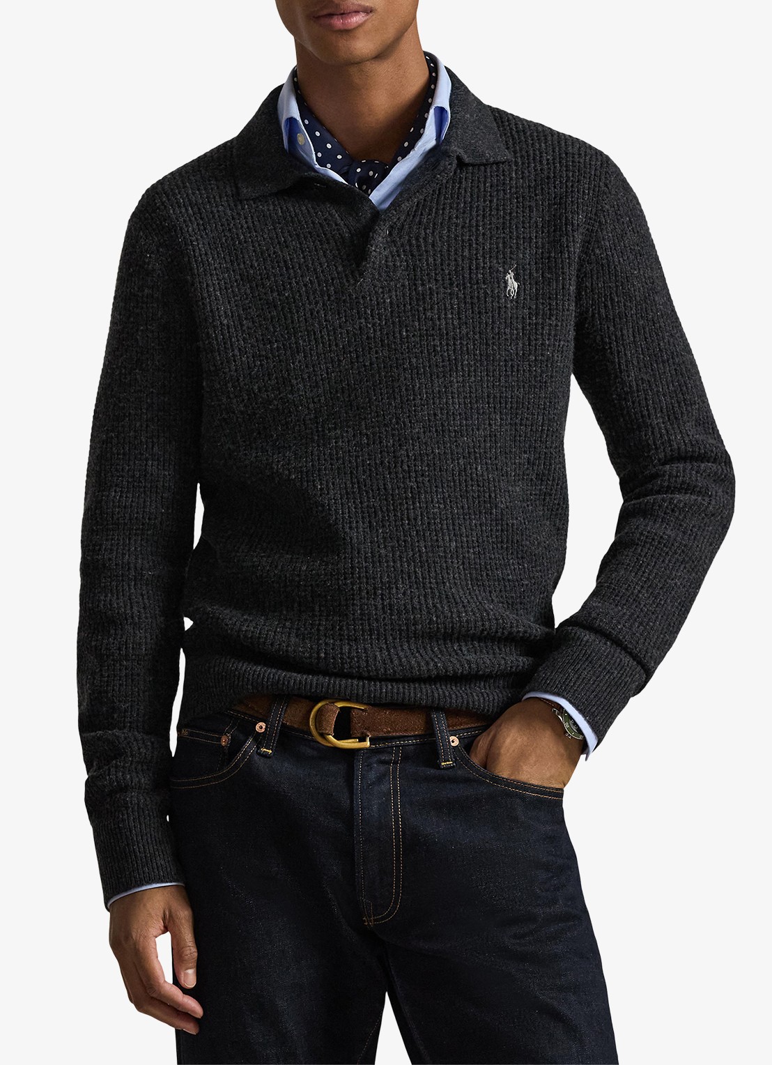 Ralph Lauren Grofgebreide trui in wolblend met polokraag - detail 2 dark granite heather / donkergrijs