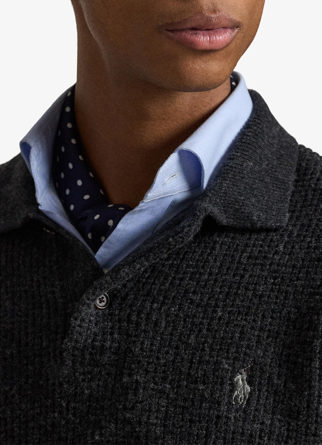 Ralph Lauren Grofgebreide trui in wolblend met polokraag - detail 3 dark granite heather / donkergrijs