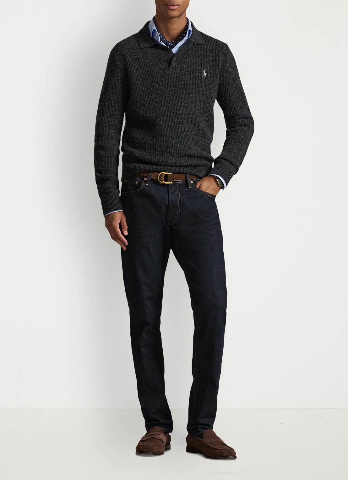 Ralph Lauren Grofgebreide trui in wolblend met polokraag - voorkant 5 dark granite heather / donkergrijs