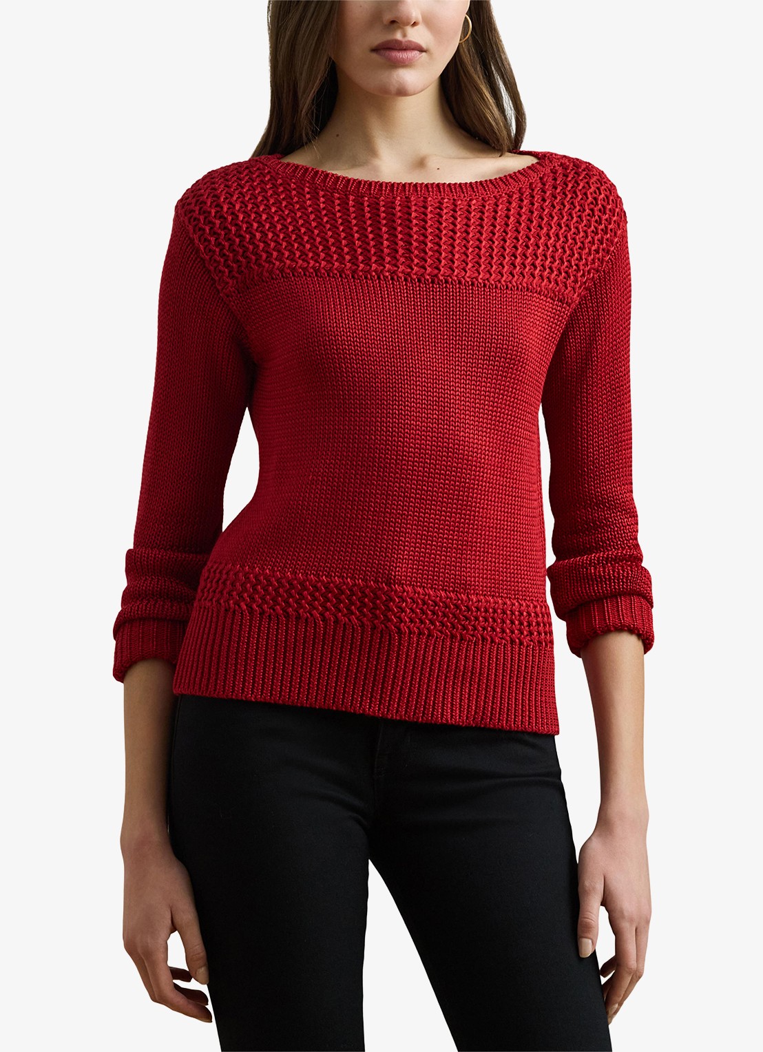 Ralph Lauren Grofgebreide trui met boothals - detail madison red / rood